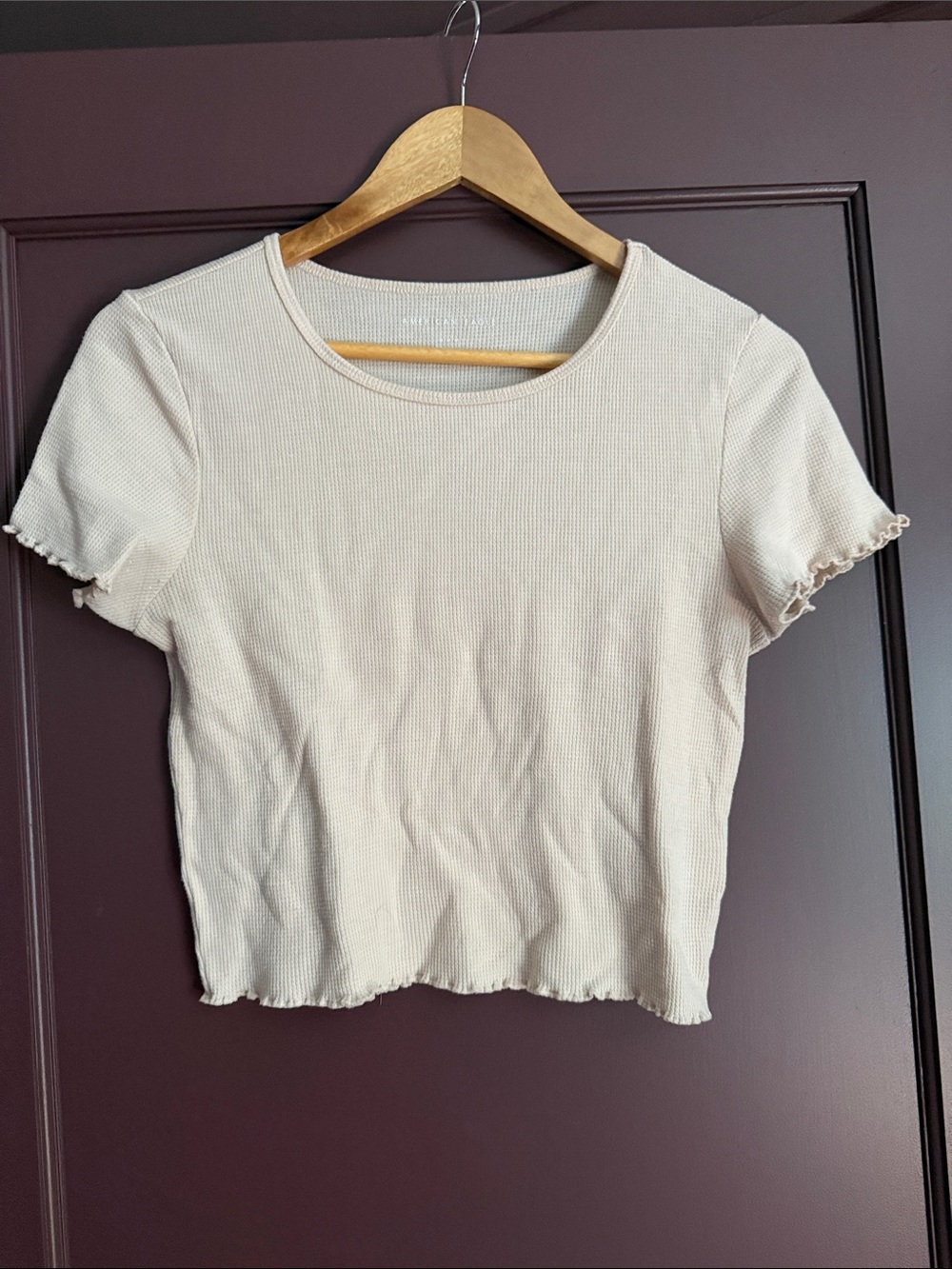 American Eagle Outfitters Cream Ribbed Short Sleeve Crop Top